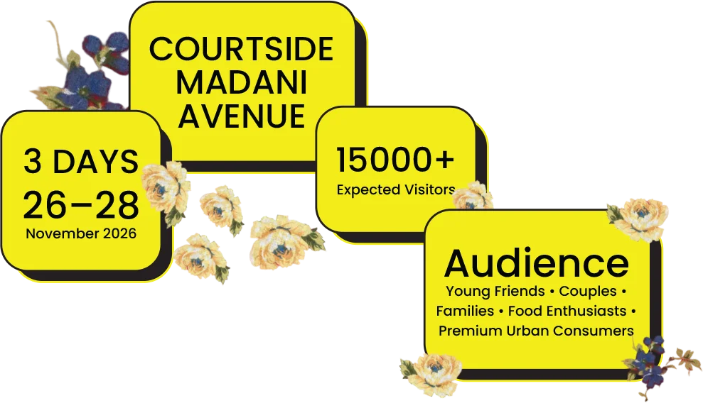 Courtside Madani Avenue. Audience: young friends, couples, families, food enthusiasts.